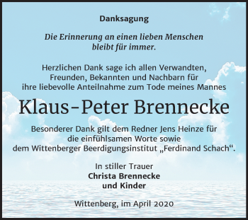 Traueranzeige von Klaus-Peter Brennecke von Super Sonntag Wittenberg
