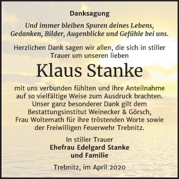 Traueranzeige von Klaus Stanke von Super Sonntag Bernburg