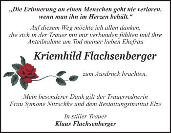 Traueranzeige von Kriemhild Flachsenberger von Super Sonntag Dessau-Roßlau