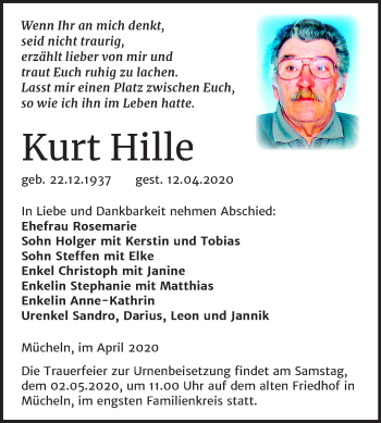 Traueranzeige von Kurt Hille von Mitteldeutsche Zeitung Merseburg/Querfurt
