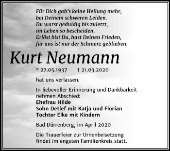 Traueranzeige von Kurt Neumann von Mitteldeutsche Zeitung Merseburg/Querfurt