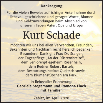 Traueranzeige von Kurt Schade von Super Sonntag Köthen