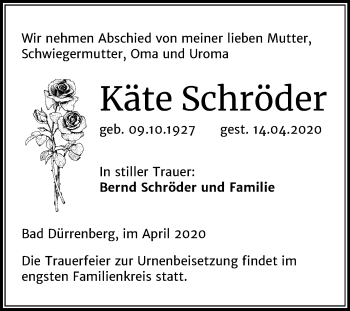 Traueranzeige von Käte Schröder von Mitteldeutsche Zeitung Merseburg/Querfurt
