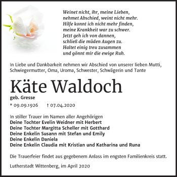 Traueranzeige von Käte Waldoch von Mitteldeutsche Zeitung Wittenberg