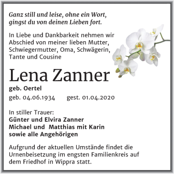 Traueranzeige von Lena Zanner von Mitteldeutsche Zeitung Sangerhausen
