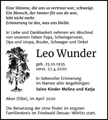 Traueranzeige von Leo Wunder von Mitteldeutsche Zeitung Köthen