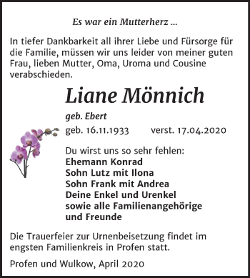 Traueranzeige von Liane Mönnich von Mitteldeutsche Zeitung Zeitz