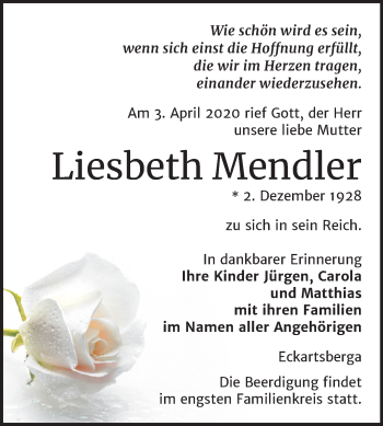 Traueranzeige von Liesbeth Mendler von Mitteldeutsche Zeitung Naumburg/Nebra