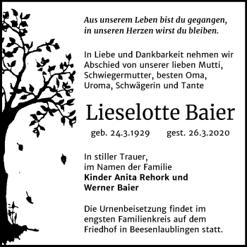 Traueranzeige von Lieselotte Baier von Mitteldeutsche Zeitung Bernburg