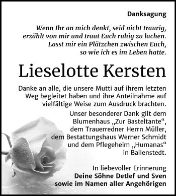 Traueranzeige von Lieselotte Kersten von Mitteldeutsche Zeitung Quedlinburg