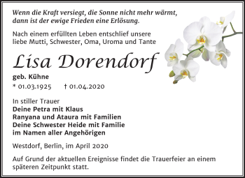 Traueranzeige von Lisa Dorendorf von Mitteldeutsche Zeitung Aschersleben / Mansfelder Land