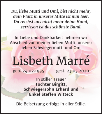 Traueranzeige von Lisbeth Marré von Mitteldeutsche Zeitung Wittenberg
