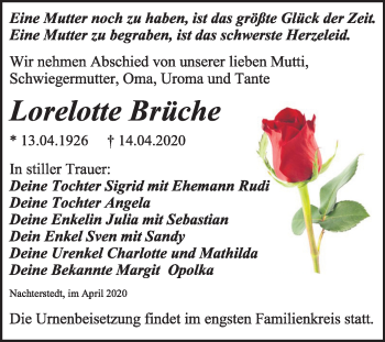 Traueranzeige von Lorelotte Brüche von Super Sonntag Aschersleben