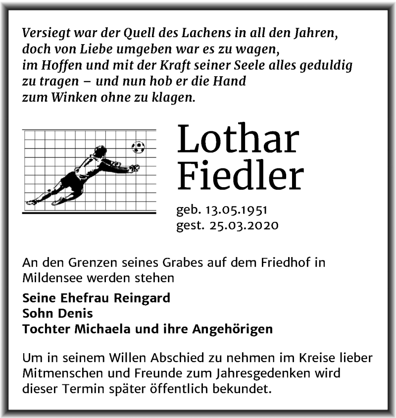  Traueranzeige für Lothar Fiedler vom 04.04.2020 aus Mitteldeutsche Zeitung Dessau-Roßlau