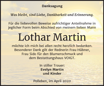 Traueranzeige von Lothar Martin von Super Sonntag Mansfelder Land
