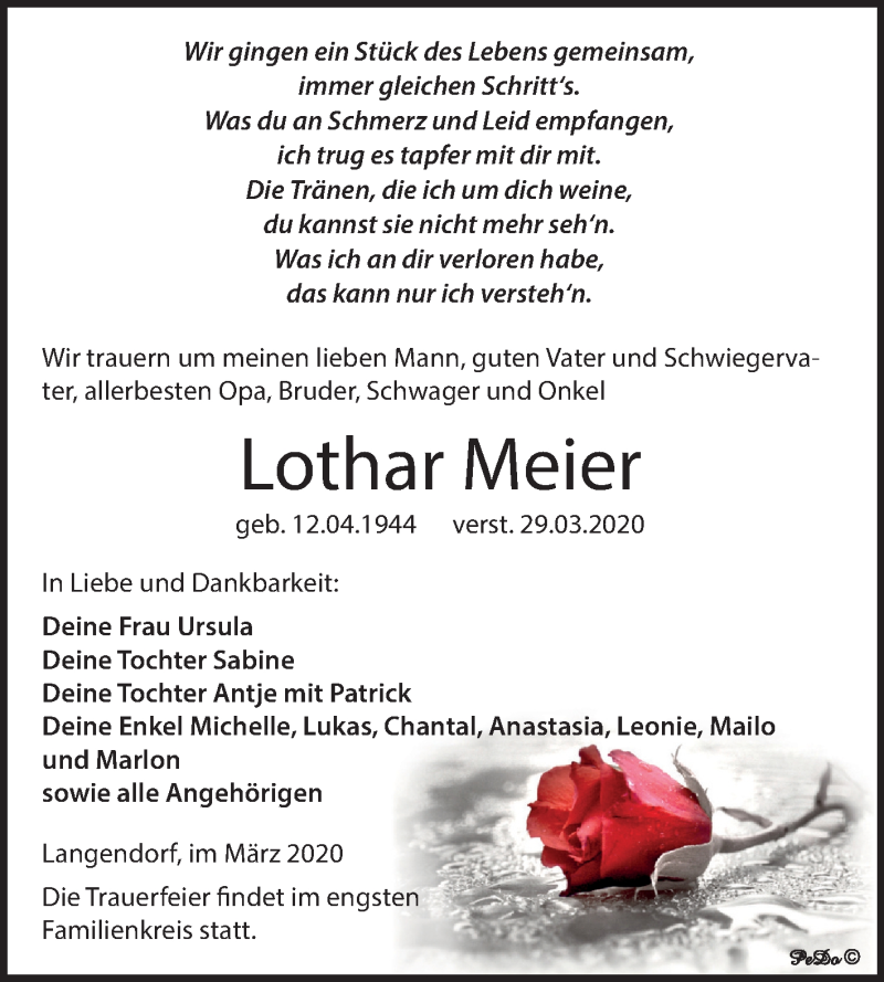  Traueranzeige für Lothar Meier vom 04.04.2020 aus Mitteldeutsche Zeitung Weißenfels