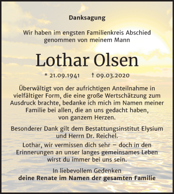 Traueranzeige von Lothar Olsen von Mitteldeutsche Zeitung Halle/Saalkreis
