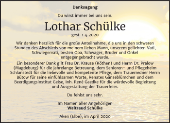 Traueranzeige von Lothar Schülke von Mitteldeutsche Zeitung Köthen
