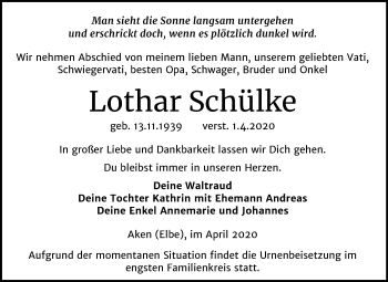 Traueranzeige von Lothar Schülke von Mitteldeutsche Zeitung Köthen
