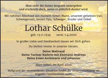 Traueranzeige von Lothar Schülke von Super Sonntag Köthen