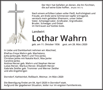 Traueranzeige von Lothar Wahrn von Mitteldeutsche Zeitung Naumburg/Nebra