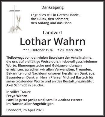Traueranzeige von Lothar Wahrn von Super Sonntag Naumburg/Nebra