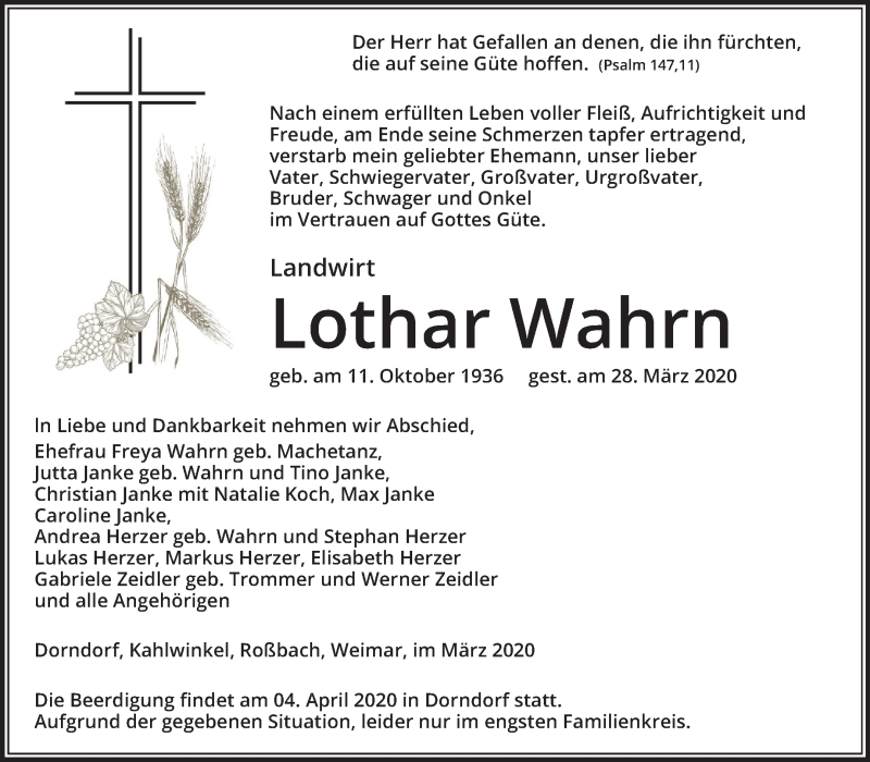  Traueranzeige für Lothar Wahrn vom 01.04.2020 aus Mitteldeutsche Zeitung Naumburg/Nebra