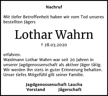 Traueranzeige von Lothar Wahrn von Mitteldeutsche Zeitung Naumburg/Nebra