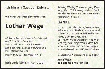 Traueranzeige von Lothar Wege von Super Sonntag Wittenberg