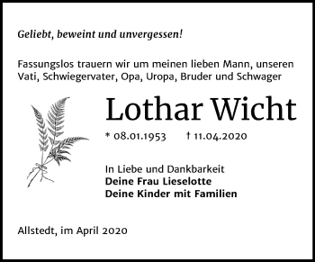 Traueranzeige von Lothar Wicht von Mitteldeutsche Zeitung Sangerhausen
