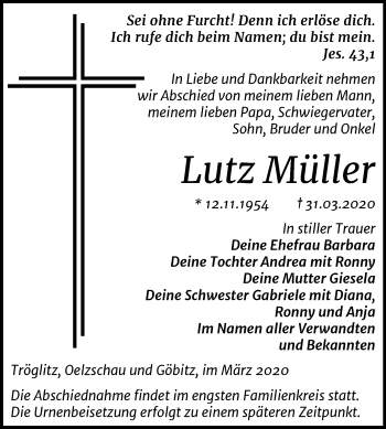 Traueranzeige von Lutz Müller von Mitteldeutsche Zeitung Zeitz