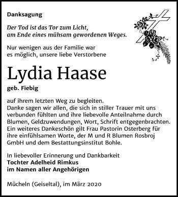 Traueranzeige von Lydia Haase von Mitteldeutsche Zeitung Merseburg/Querfurt