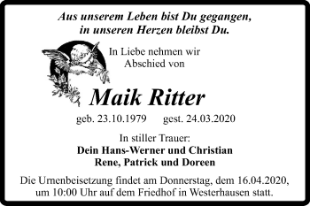 Traueranzeige von Maik Ritter von Super Sonntag Quedlinburg