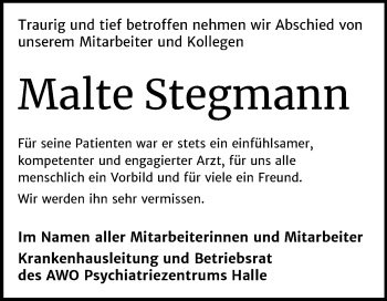 Traueranzeige von Malte Stegmann von Mitteldeutsche Zeitung Halle/Saalkreis
