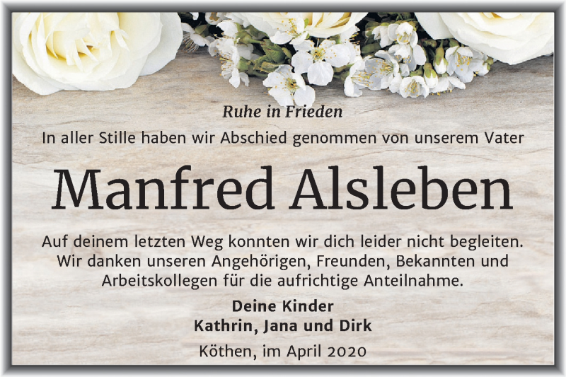  Traueranzeige für Manfred Alsleben vom 30.04.2020 aus Mitteldeutsche Zeitung Köthen