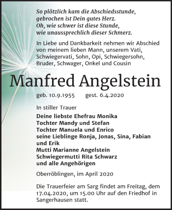 Traueranzeige von Manfred Angelstein von Super Sonntag Sangerhausen
