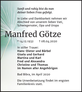 Traueranzeige von Manfred Götze von Super Sonntag Naumburg/Nebra