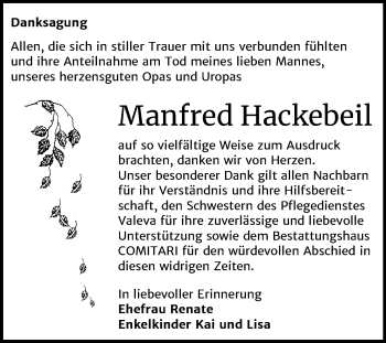 Traueranzeige von Manfred Hackebeil von Super Sonntag Zeitz