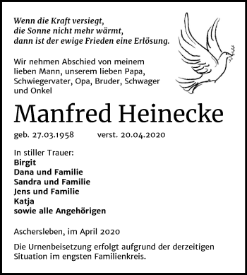 Traueranzeige von Manfred Heinecke von Mitteldeutsche Zeitung Aschersleben