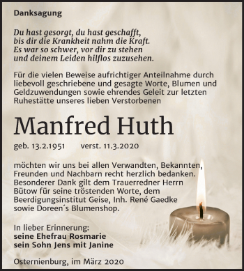 Traueranzeige von Manfred Huth von Super Sonntag Köthen