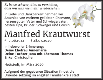 Traueranzeige von Manfred Krautwurst von Super Sonntag Mansfelder Land