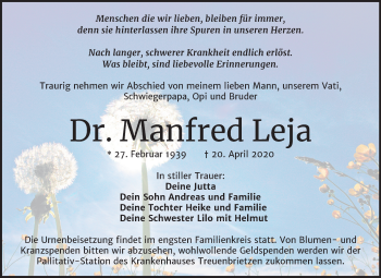 Traueranzeige von Manfred Leja von Mitteldeutsche Zeitung Wittenberg