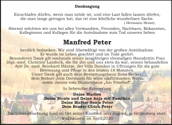 Traueranzeige von Manfred Peter von Super Sonntag Sangerhausen