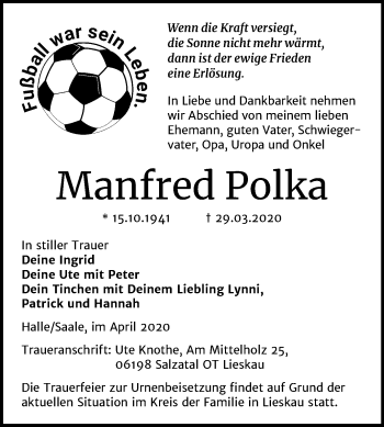 Traueranzeige von Manfred Polka von Super Sonntag Merseburg/Querfurt