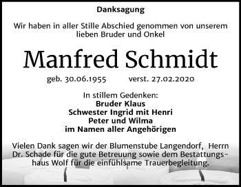 Traueranzeige von Manfred Schmidt von Super Sonntag Weißenfels