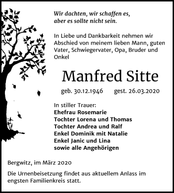 Traueranzeige von Manfred Sitte von Mitteldeutsche Zeitung Wittenberg