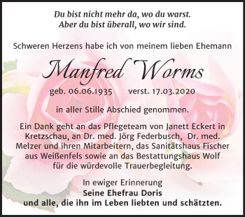 Traueranzeige von Manfred Worms von Super Sonntag Zeitz