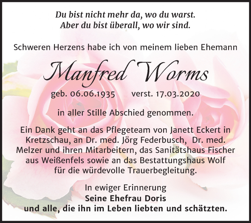  Traueranzeige für Manfred Worms vom 04.04.2020 aus Mitteldeutsche Zeitung Zeitz