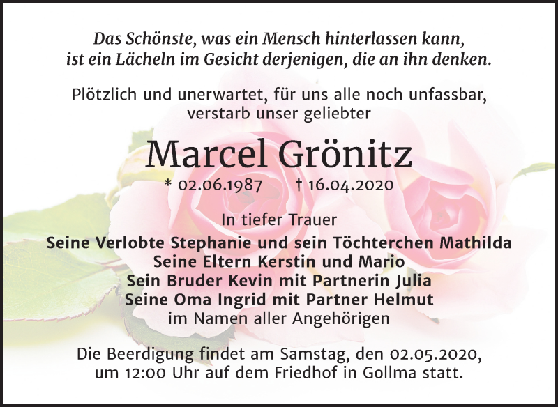  Traueranzeige für Marcel Grönitz vom 25.04.2020 aus Mitteldeutsche Zeitung Halle/Saalkreis