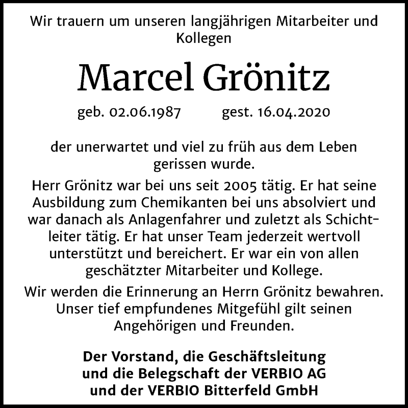 Traueranzeige für Marcel Grönitz vom 25.04.2020 aus Mitteldeutsche Zeitung Bitterfeld / Halle/Saalkreis